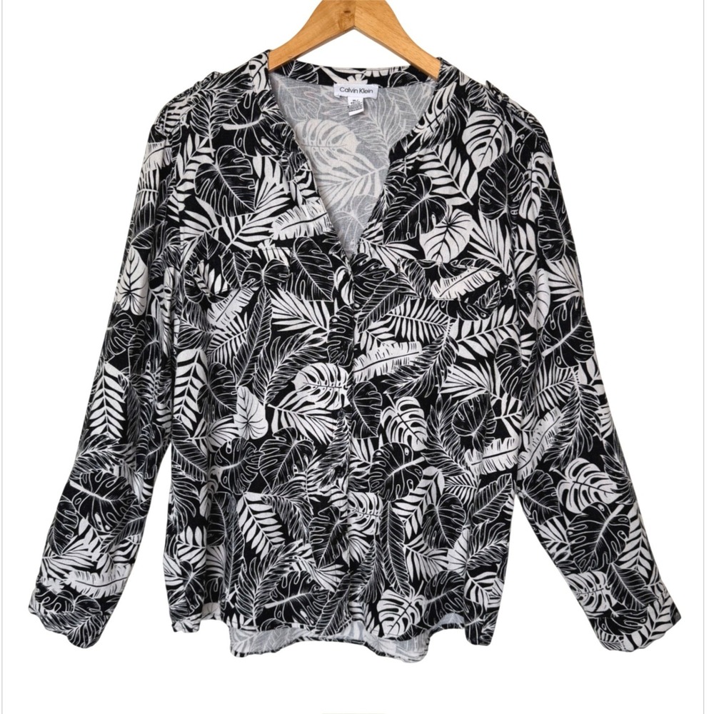 Calvin Klein XL Linen Blend Tropical Leaf Floral Long Sleeve Roll Tab Blouse Top